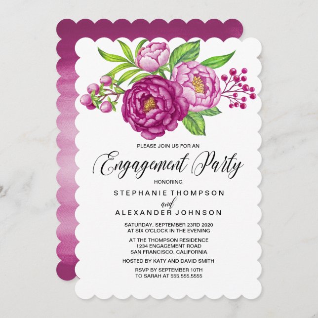 Invitación Burgundy Watercolor Peonies Engagement Party (Anverso / Reverso)