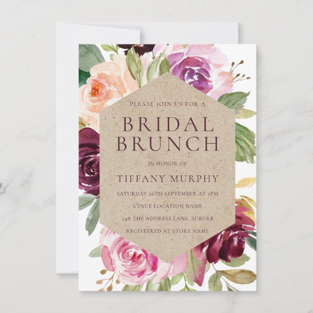 Invitación Burgundy Watercolor Wreath Bridal Shower Brunch (Anverso)