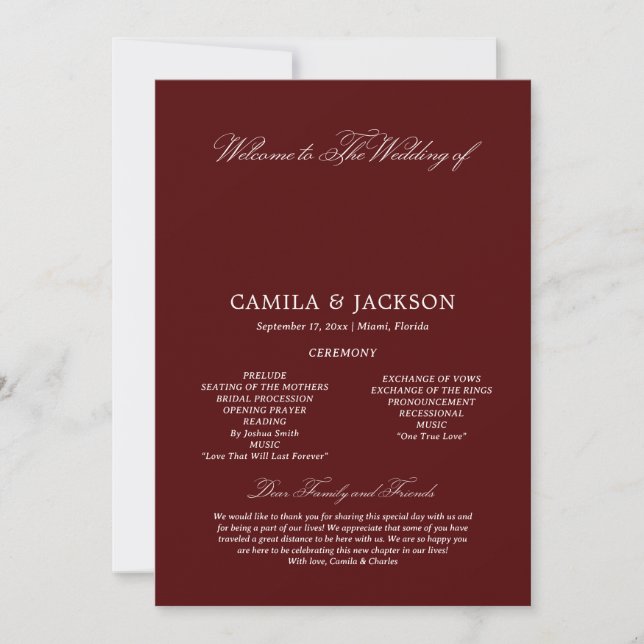 Invitación  Burgundy Wedding Flat Program (Anverso)