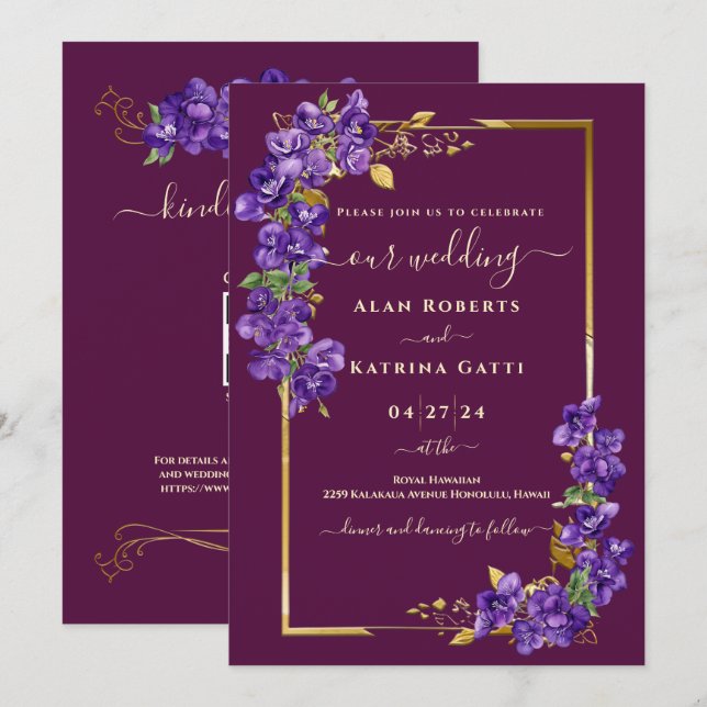 Invitación Burgundy Wedding RSVP QR Code Violets Gold Frame (Anverso / Reverso)