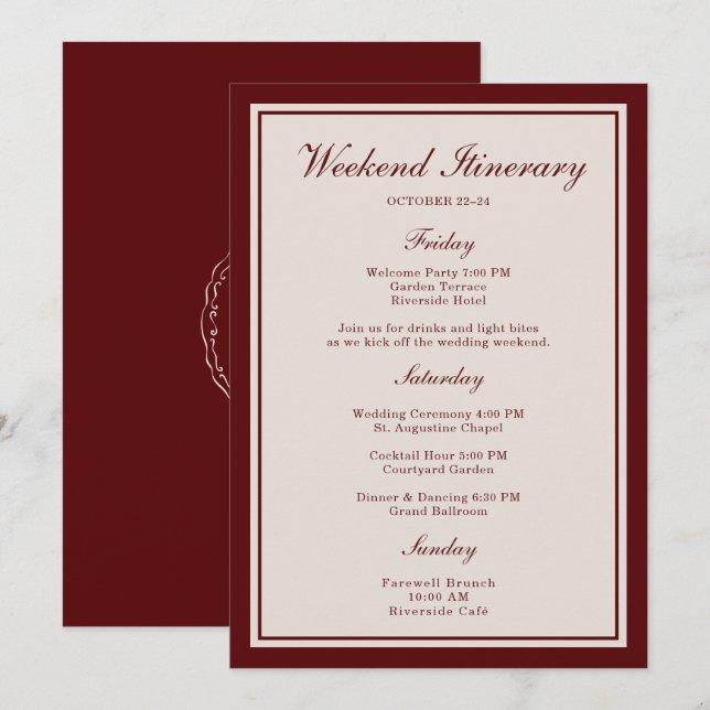 Invitación Burgundy Wedding Weekend Itinerary Card (Anverso / Reverso)