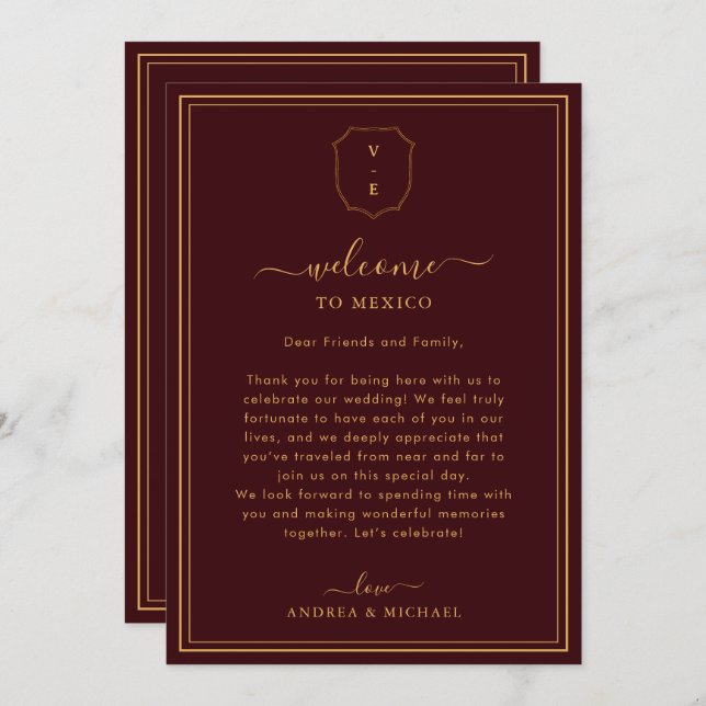 Invitación Burgundy Wedding Welcome Letter & Itinerary Card (Anverso / Reverso)
