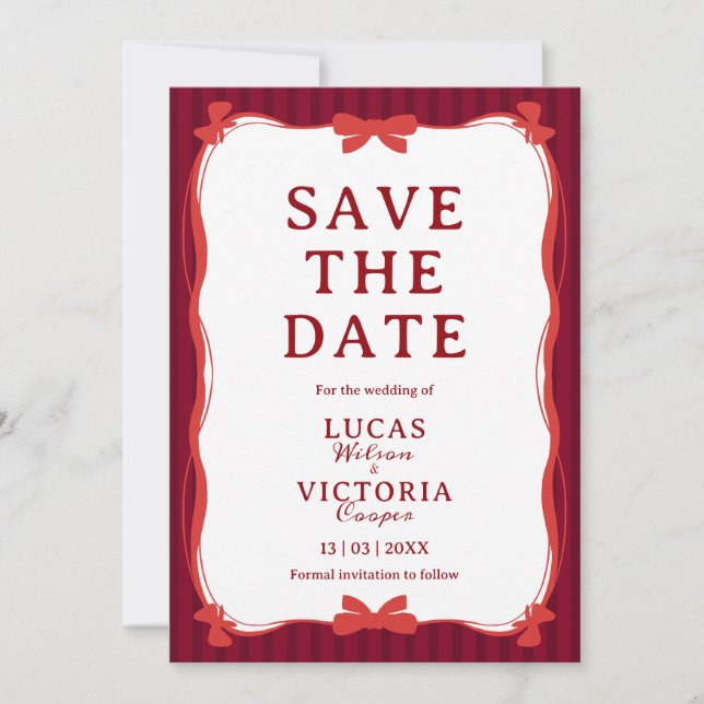 Invitación Burgundy Whimsical Red Bow Save The Date (Anverso)