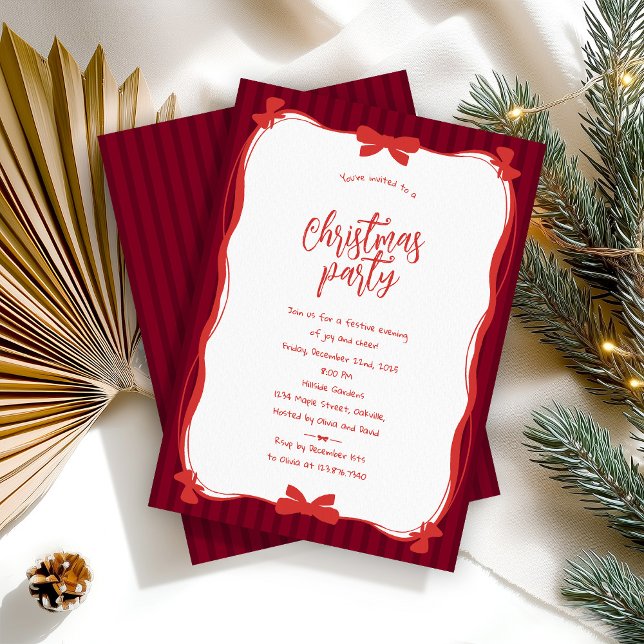 Invitación Burgundy Whimsical Red Bow Striped Christmas Party (Subido por el creador)