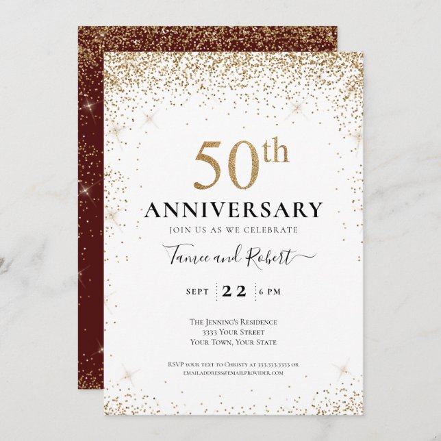 Invitación Burgundy White Gold 50th Wedding Anniversary  (Anverso / Reverso)