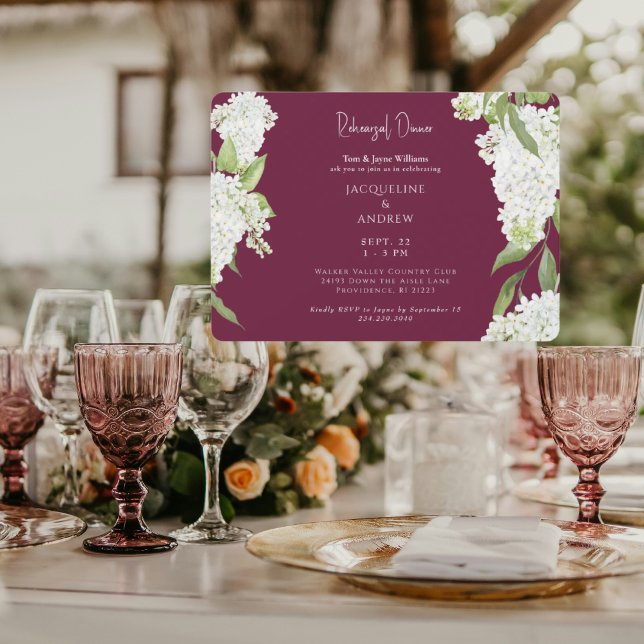 Invitación Burgundy White Hydrangeas Rehearsal Dinner (Subido por el creador)