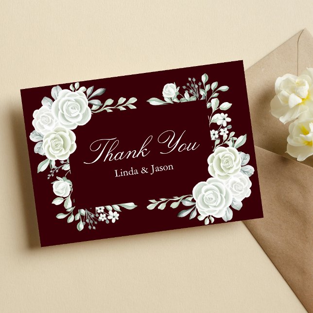 Invitación Burgundy White Roses Wedding Thank You Cards (Subido por el creador)