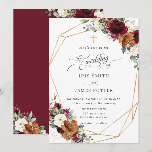 Invitación Burgundy White Rust Orange Floral Church Wedding   (Anverso / Reverso)