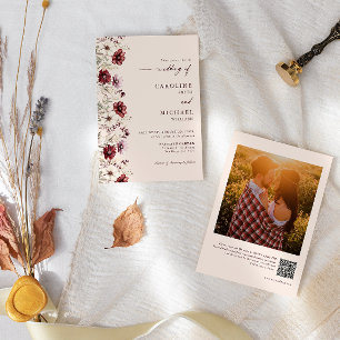 Invitación Burgundy Wildflower Foto Boda de código QR