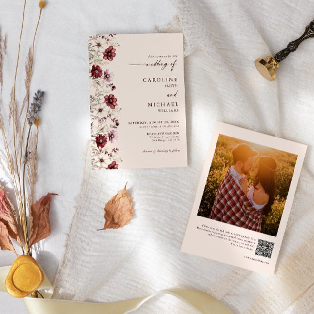 Invitación Burgundy Wildflower Foto Boda de código QR (Subido por el creador)