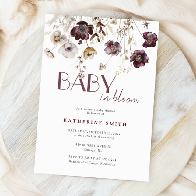 Invitación Burgundy Wildflowers Baby In Bloom Baby Shower (Subido por el creador)