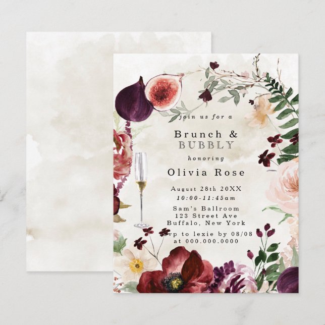 Invitación Burgundy Wildflowers Brunch & Bubbly Invitan (Anverso / Reverso)