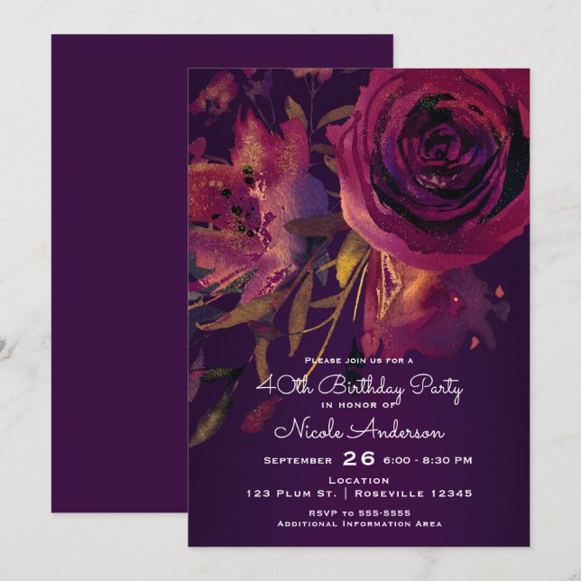 Invitación Burgundy Wine Floral Rosa Purple Birthday Party (Anverso / Reverso)