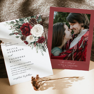 Invitación Burgundy Winter Floral Photo Back Wedding