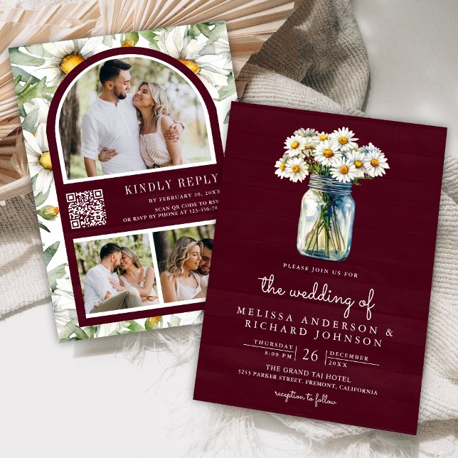 Invitación Burgundy Wood Daisies Mason Jar QR Code Wedding (Subido por el creador)