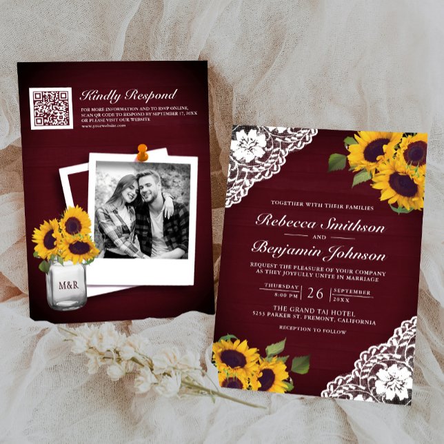 Invitación Burgundy Wood Lace Sunflower Foto Boda de código Q (Subido por el creador)