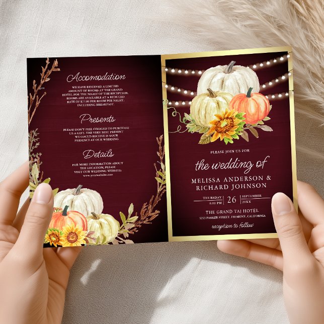 Invitación Burgundy Wood Sunflower Pumpkin QR Code Wedding (Subido por el creador)