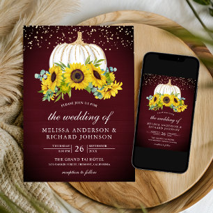 Invitación Burgundy Wood White Pumpkin Sunflowers Boda