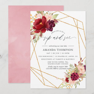 Invitación Burgundy y Blush Boho Geométrico Sip and See