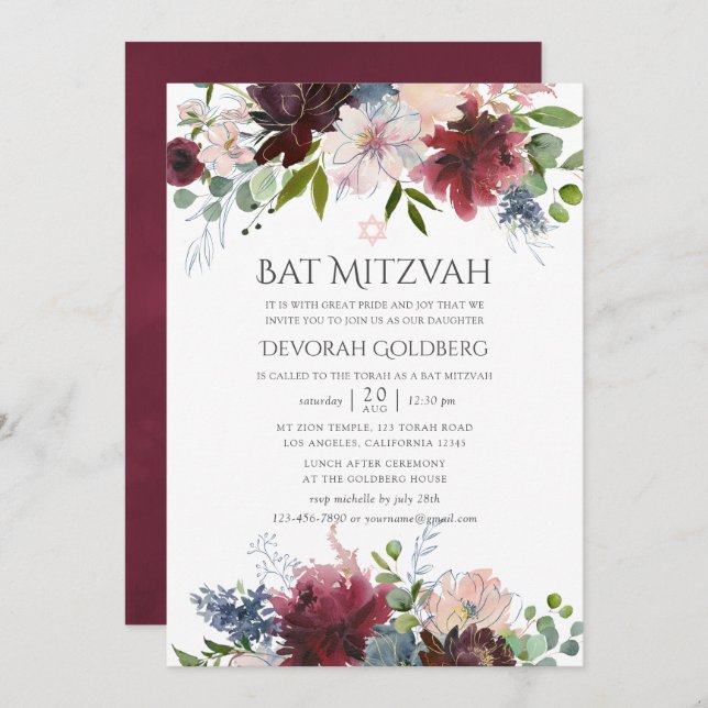Invitación Burgundy y Blush Floral Acuarela para Bat Mitzvah (Anverso / Reverso)