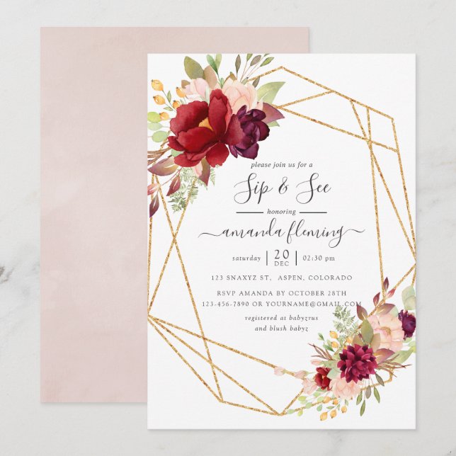 Invitación Burgundy y Boho geométrico Blush Sip and See (Anverso / Reverso)