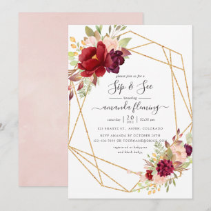 Invitación Burgundy y Boho geométrico Blush Sip and See