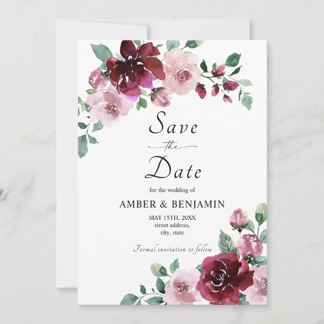 Invitación Burgundy y Dusty Rose Floral Boda Guardar la Fecha (Anverso)