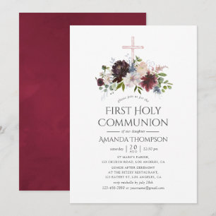 Invitación Burgundy y Floral Beige Primera Comunión