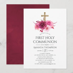Invitación Burgundy y Floral Beige Primera Comunión