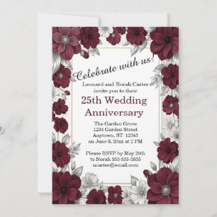 Invitación Burgundy y Floral de Plata 25 Aniversario