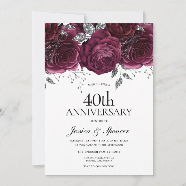 Invitación Burgundy y Floral de Plata 40 Aniversario de Boda (Anverso)