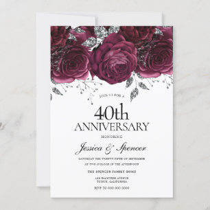 Invitación Burgundy y Floral de Plata 40 Aniversario de Boda