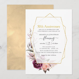 Invitación Burgundy y Floral Geométrico Beige 50 Aniversario