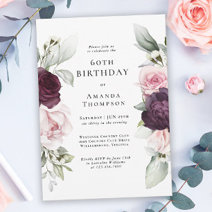 Invitación Burgundy y Floral Rosa Cumpleaños 60
