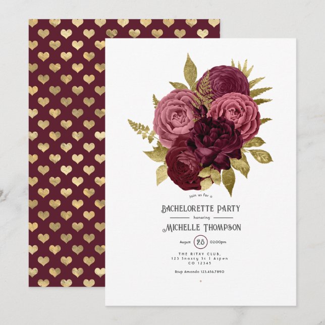 Invitación Burgundy y la fiesta de la bachillerato floral de  (Anverso / Reverso)