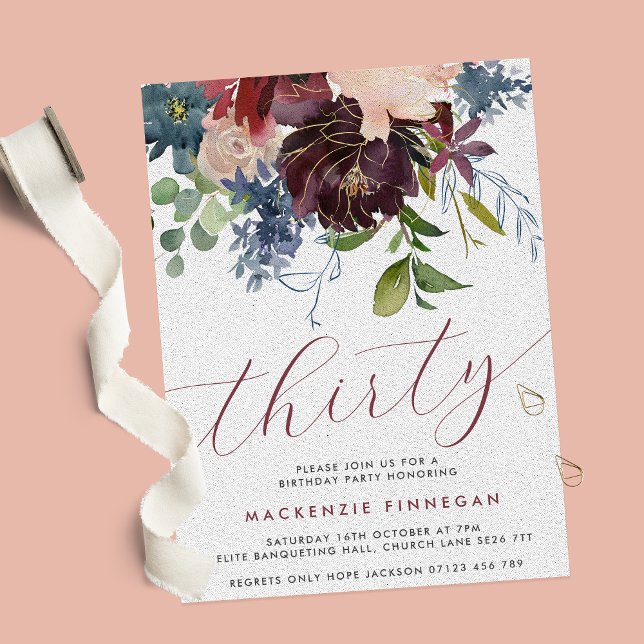 Invitación Burgundy y la floral 30ª fiesta de cumpleaños (Subido por el creador)