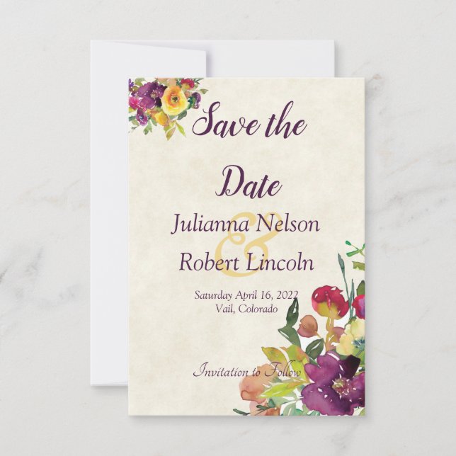 Invitación Burgundy y las acuarelas amarillas florales salvan (Anverso)