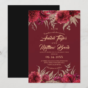 Invitación Burgundy y negro ⎮ Flores rojas florales Boda