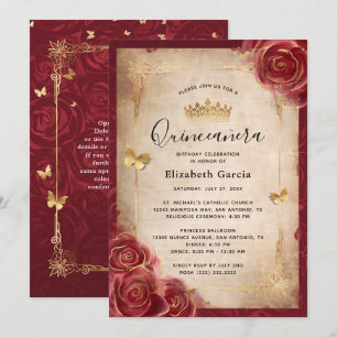 Invitación Burgundy y Rosa Dorada Elegante Quinceañera