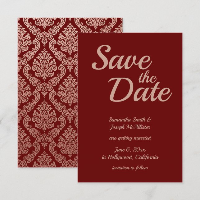 Invitación Burgundy y Rosa Dorado Damask Save the Date (Anverso / Reverso)