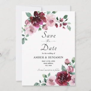 Invitación Burgundy y Rosa Polvo Floral Boda Guardar la Fecha