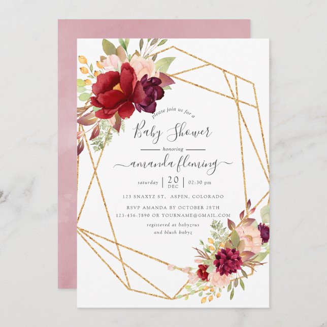 Invitación Burgundy y Rubor Boho Geometric Baby Shower (Anverso / Reverso)