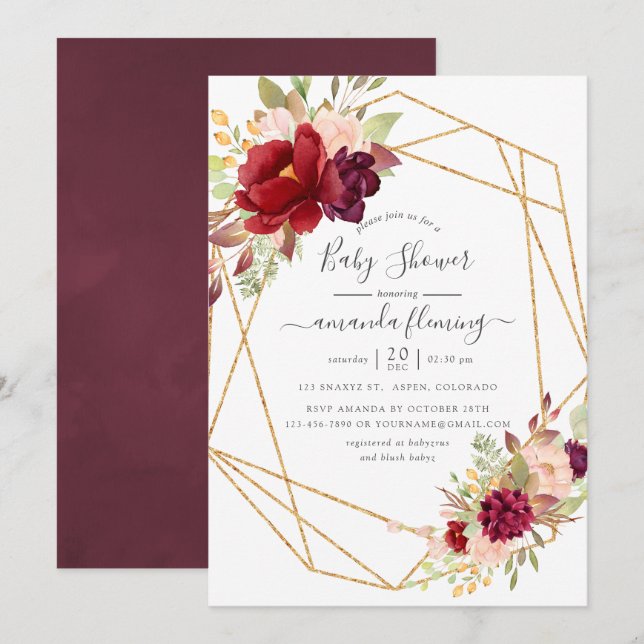 Invitación Burgundy y Rubor Boho Geometric Baby Shower (Anverso / Reverso)