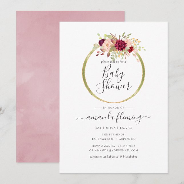 Invitación Burgundy y Rubor Boho Geometric Baby Shower (Anverso / Reverso)