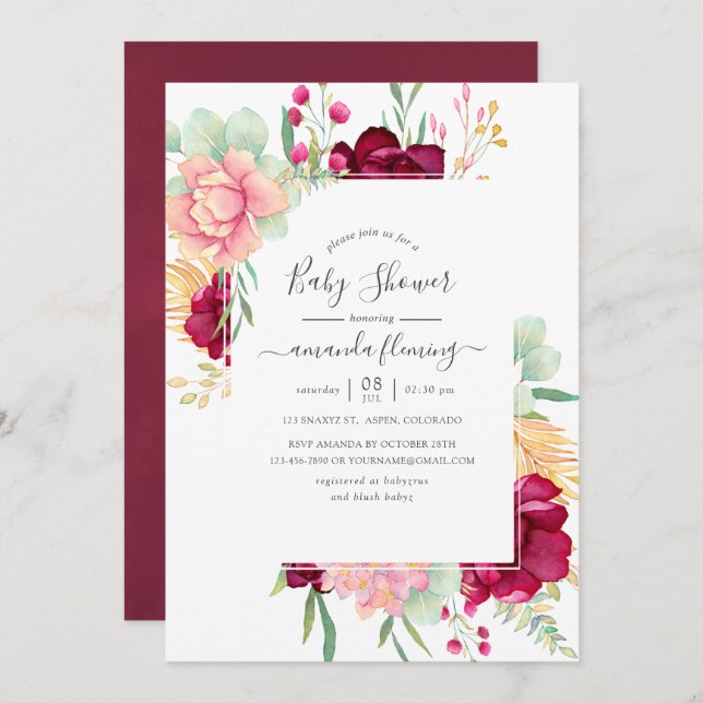 Invitación Burgundy y Rubor Floral Baby Shower (Anverso / Reverso)