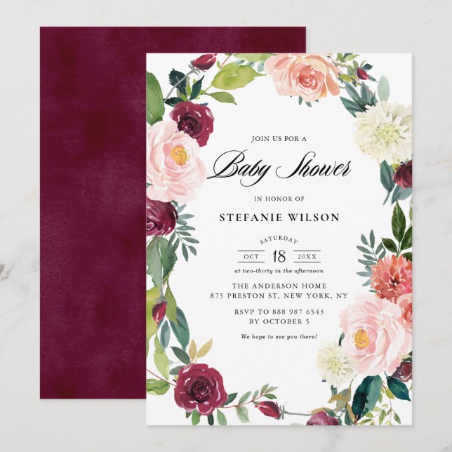Invitación Burgundy y Rubor Floral Wreath caen en Baby Shower (Anverso / Reverso)