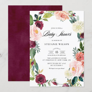 Invitación Burgundy y Rubor Floral Wreath caen en Baby Shower