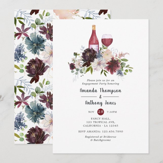 Invitación Burgundy y Rubor Wine Tasting Engagement Party (Anverso / Reverso)
