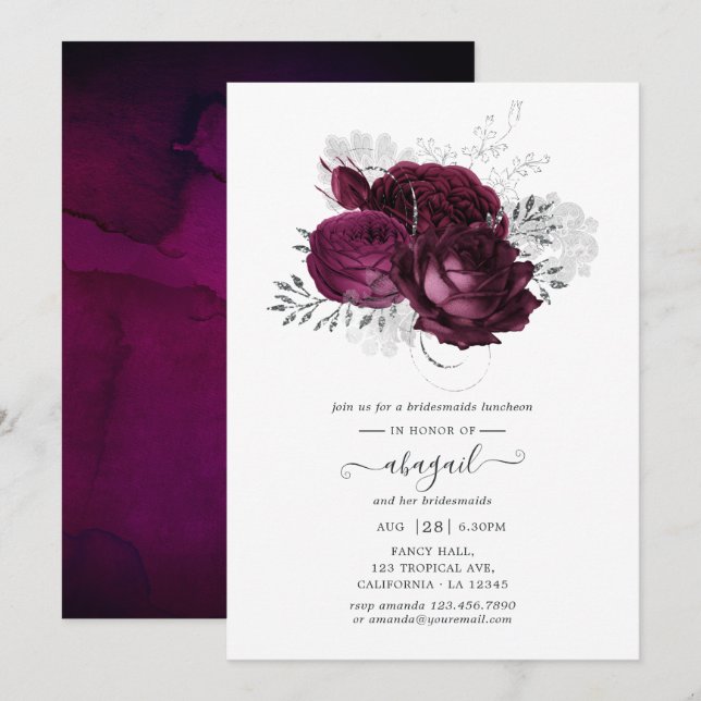 Invitación Burgundy y Silver Floral Bridesmaids Luncheon (Anverso / Reverso)