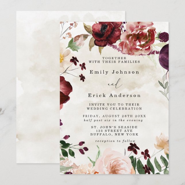 Invitación Burgundy Y Tan Rustic Wildflowers Boda (Anverso / Reverso)